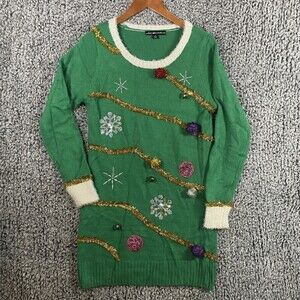 UNITED States Sweaters Ugly Christmas Sweater Tunic Dress Green Tinsel Women's S